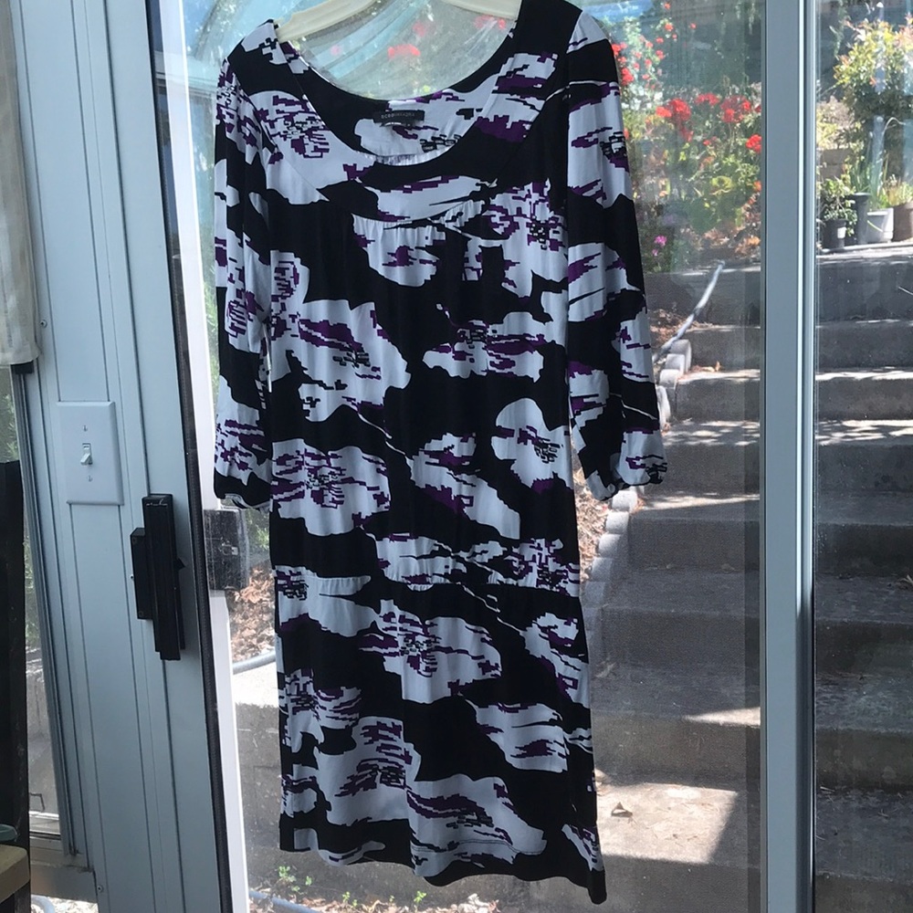 BCBG Dress in Black and White with Touch of Purple Print